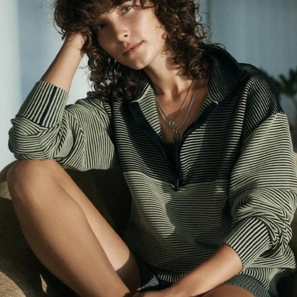 NAGNATA Green Black Zhen Cotton 1/4 Zip Sweatshirt XS NWT